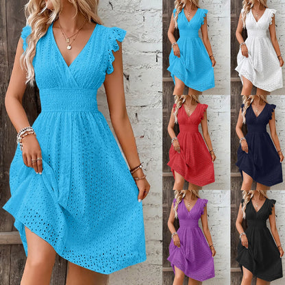 Summer Womens Vacation Short Dress Sexy V Neck Flare Sleeve Solid Color Hollow Lace Waist Dress Casual Beach Holiday Dresses