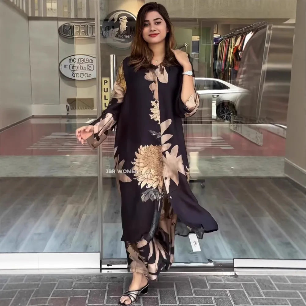 Elegant For Women Print Long Top 2 Pieces Set Spring Floral Single Breasted Lapel Shirt Wide Leg Pant Outfits Loose Leisure Suit