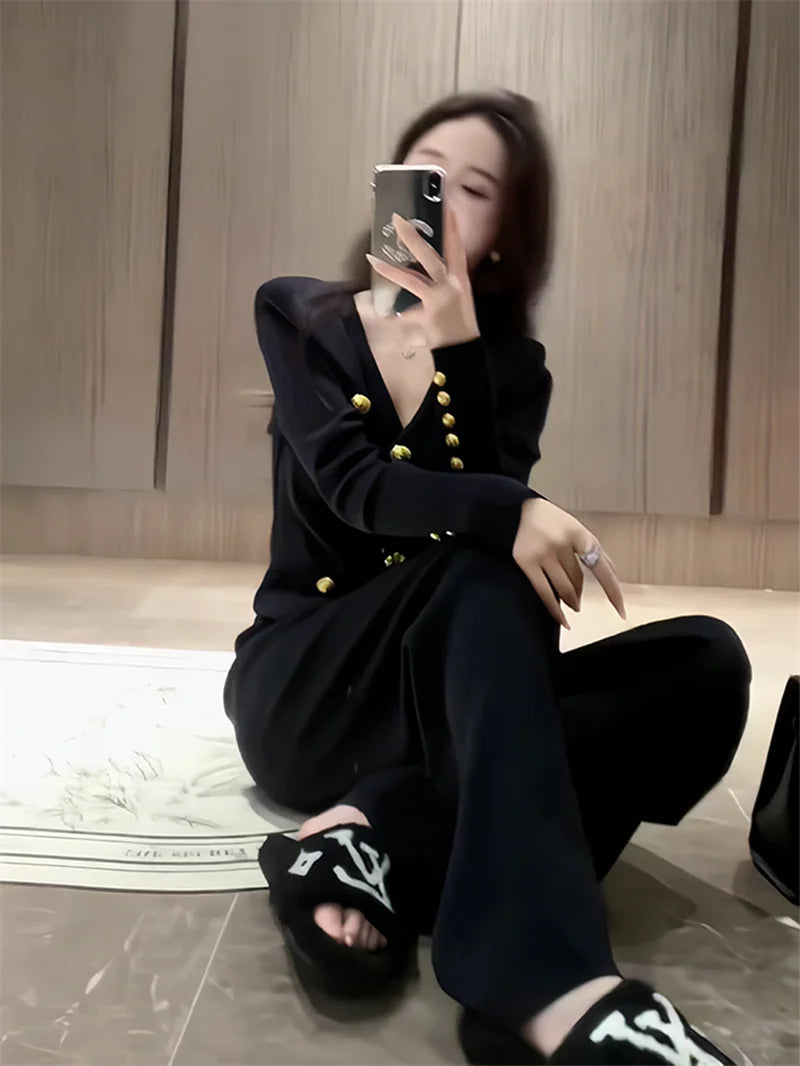 Autumn Winter Luxury Women Suits Fashion V Neck Golden Buttons Elegant Cardigan Coats + Knitted Wide Leg Pants 2-piece Set Q891