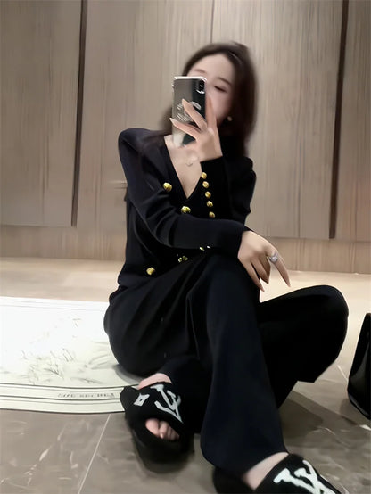 Autumn Winter Luxury Women Suits Fashion V Neck Golden Buttons Elegant Cardigan Coats + Knitted Wide Leg Pants 2-piece Set Q891