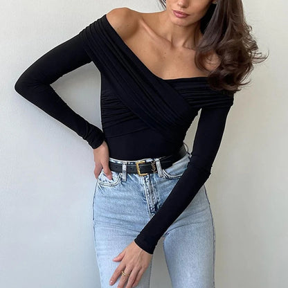 Autumn new 2024 sexy and fashionable V-neck off shoulder patchwork long sleeved slim fit versatile casual jumpsuit for woman