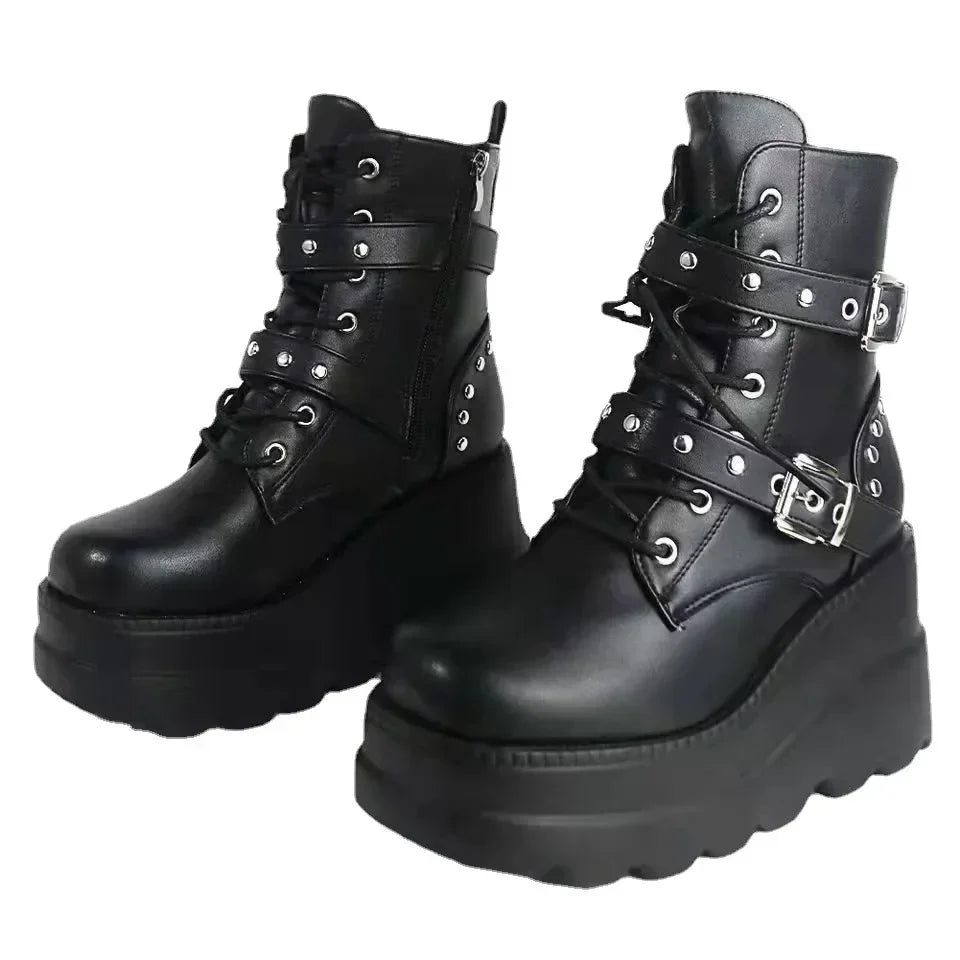 New Women Pu Leather Ankle Booties Woman Autumn Winter Round Toe Lace Up Shoes Woman Motorcycle Platform Gothic Boots Cosplay