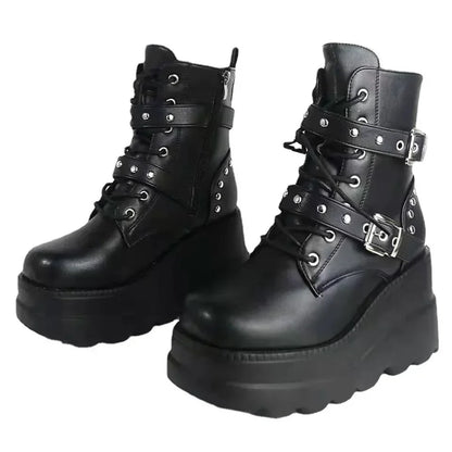 New Women Pu Leather Ankle Booties Woman Autumn Winter Round Toe Lace Up Shoes Woman Motorcycle Platform Gothic Boots Cosplay