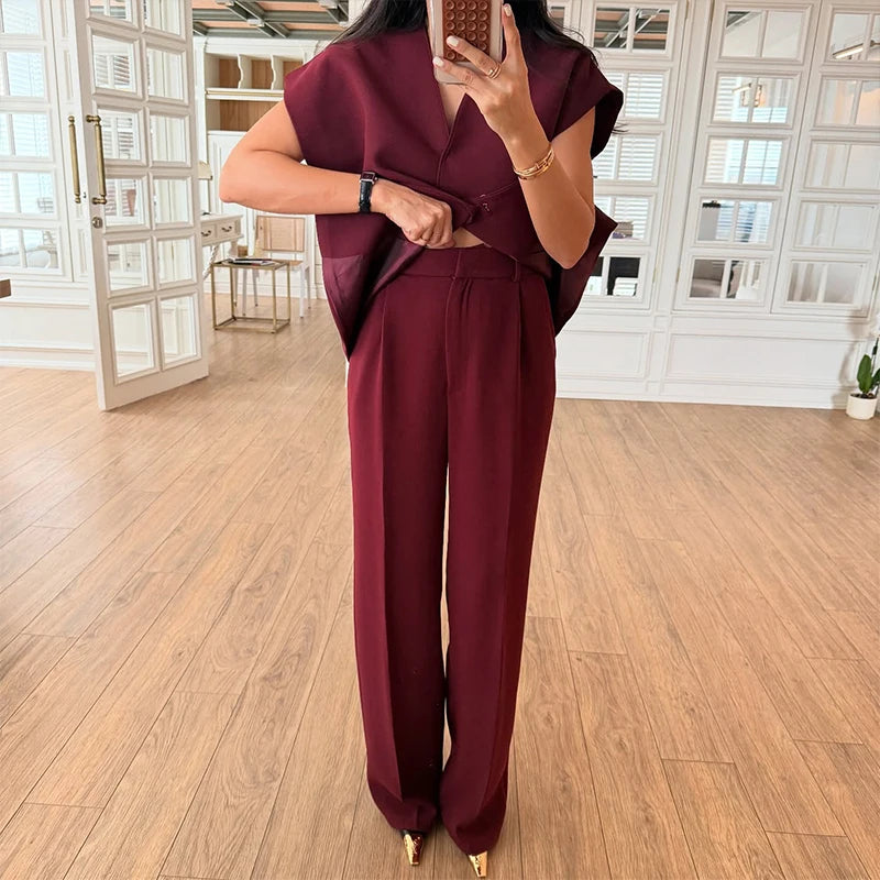 Casual Women's Trouser Suit Single Button Blazer High Waist Wide Leg Pants Lady Suits 2025 Spring Summer 2 Pieces Set Women