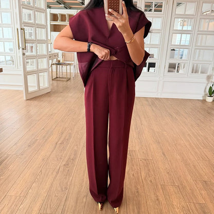 Casual Women's Trouser Suit Single Button Blazer High Waist Wide Leg Pants Lady Suits 2025 Spring Summer 2 Pieces Set Women