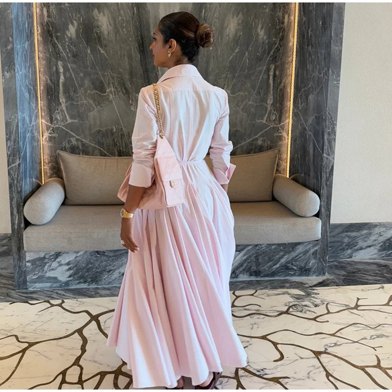 Women's Casual Pleated Skirts Set Two-piece Fashion Lapel Full Sleeve Button Top & Maxi Dress Lady 2025 Spring Street Outfits