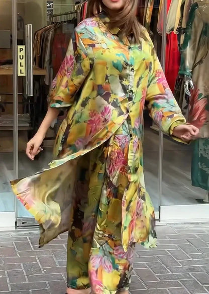 Elegant For Women Print Long Top 2 Pieces Set Spring Floral Single Breasted Lapel Shirt Wide Leg Pant Outfits Loose Leisure Suit