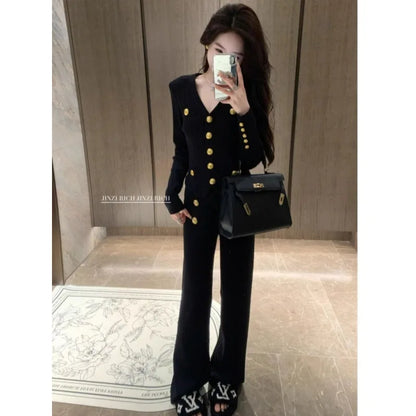 Autumn Winter Luxury Women Suits Fashion V Neck Golden Buttons Elegant Cardigan Coats + Knitted Wide Leg Pants 2-piece Set Q891