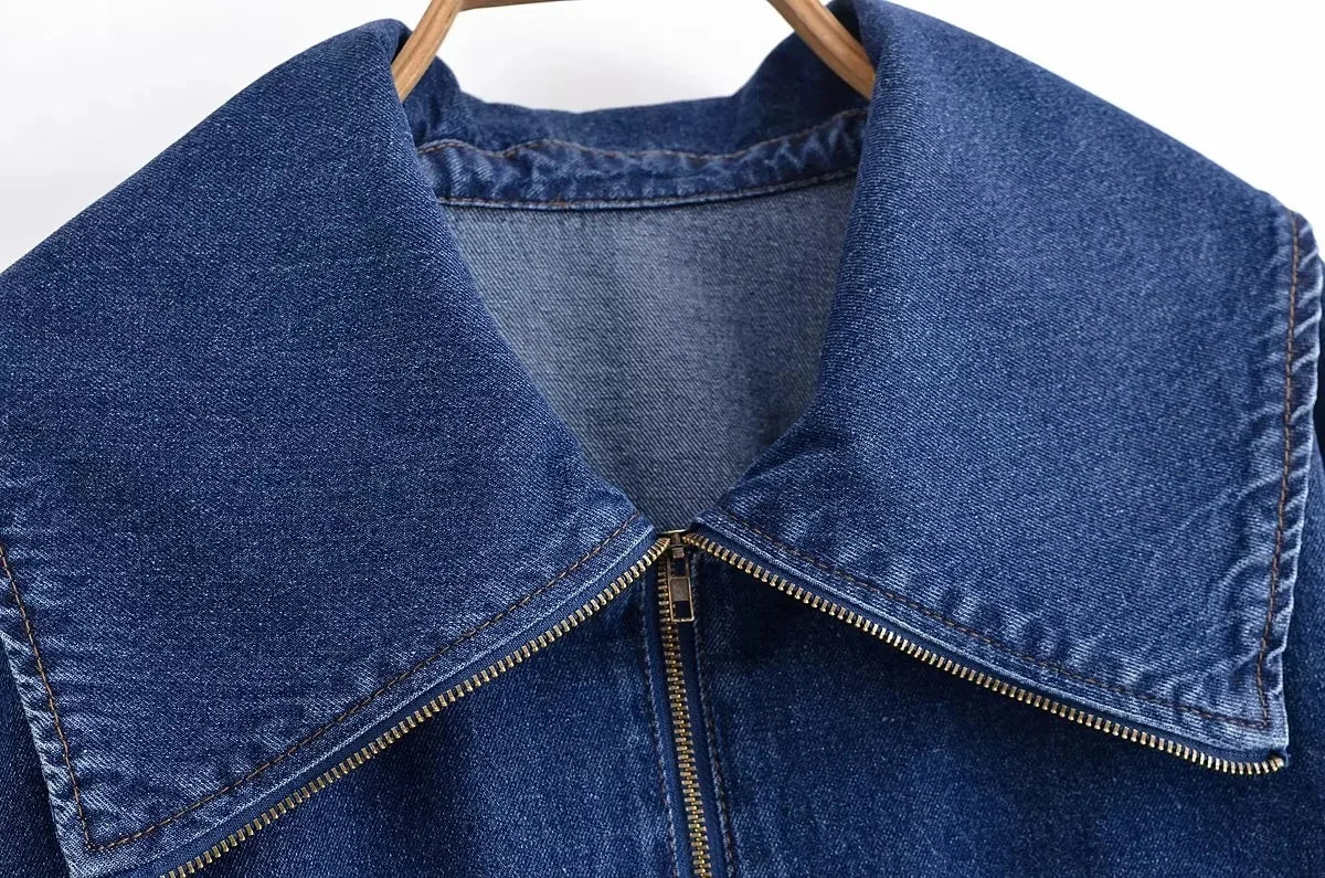 KONDALA Vintage Casual Chic Women Cowboy Suit Zipper Loose Jackets Long Pockets Pants Fashion 2025 Spring Summer Denim Suits