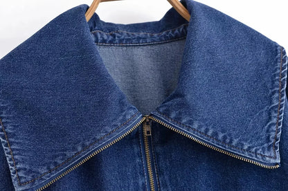 KONDALA Vintage Casual Chic Women Cowboy Suit Zipper Loose Jackets Long Pockets Pants Fashion 2025 Spring Summer Denim Suits