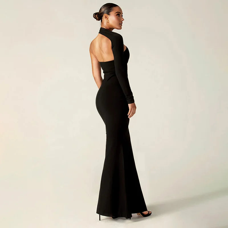 Cryptographic Fashion One Shoulder Split Maxi Dress for Women Elegant Club Outfits for Women Long Sleeve Vestido Dresses Gown