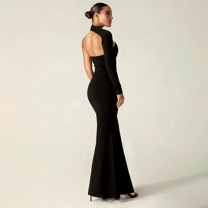 Cryptographic Fashion One Shoulder Split Maxi Dress for Women Elegant Club Outfits for Women Long Sleeve Vestido Dresses Gown