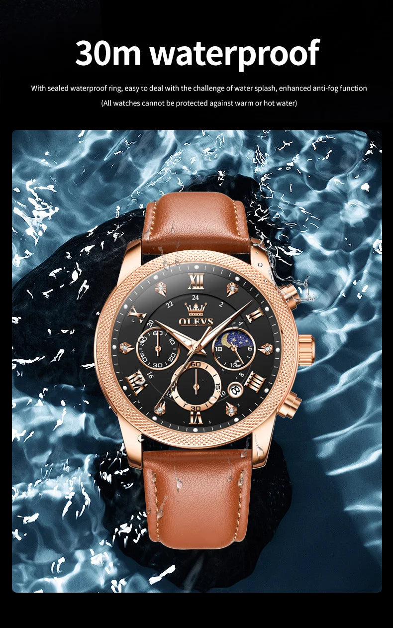 OLEVS 3660 Moon Phase Chronograph Luminous Men's Watches Leather Strap Waterproof Original Quartz Watch for Man Brand Wristwatch