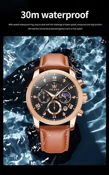 OLEVS 3660 Moon Phase Chronograph Luminous Men's Watches Leather Strap Waterproof Original Quartz Watch for Man Brand Wristwatch