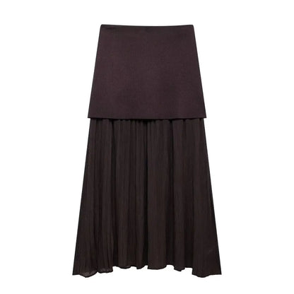 HH Women 2 Piece Skirt Set Elegant V-Neck Sleeveless Button Knitted Vest Top+Splicing High Waist Zipper Ankle-Length Skirts