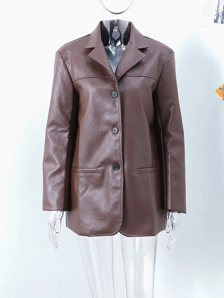 Brown Vintage Leather Jacket Lapel Breasted Pocket Women Commute Temperament Casual Suit PU Leather Coat Spring Autumn Blouse