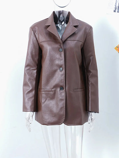 Brown Vintage Leather Jacket Lapel Breasted Pocket Women Commute Temperament Casual Suit PU Leather Coat Spring Autumn Blouse