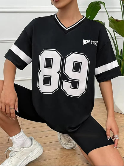 Summer Women T-shirts Number 89 Short Sleeve Trend 3D Print V-neck Sport Tees Streetwear Oversized Casual Fashion Female Top