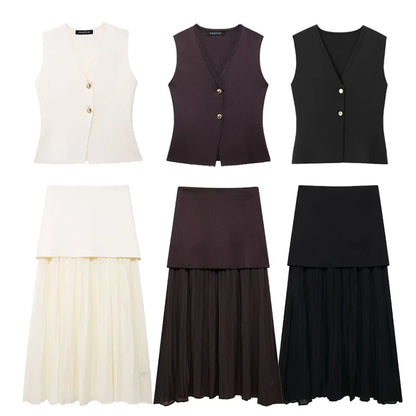 HH Women 2 Piece Skirt Set Elegant V-Neck Sleeveless Button Knitted Vest Top+Splicing High Waist Zipper Ankle-Length Skirts