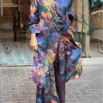 Elegant For Women Print Long Top 2 Pieces Set Spring Floral Single Breasted Lapel Shirt Wide Leg Pant Outfits Loose Leisure Suit