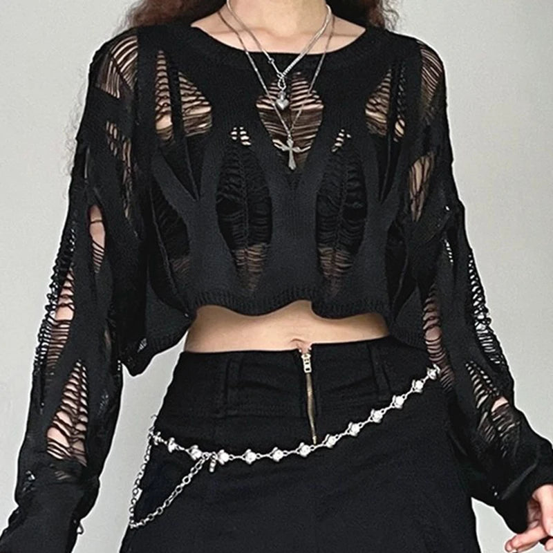 ITOOLIN Women Hole Hollow Out Y2K T-shirts Batwing Sleeve Knitted Shirt For Women Loose Streetwear Tops Spring Autumn 2024