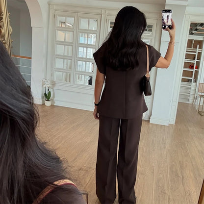 Casual Women's Trouser Suit Single Button Blazer High Waist Wide Leg Pants Lady Suits 2025 Spring Summer 2 Pieces Set Women