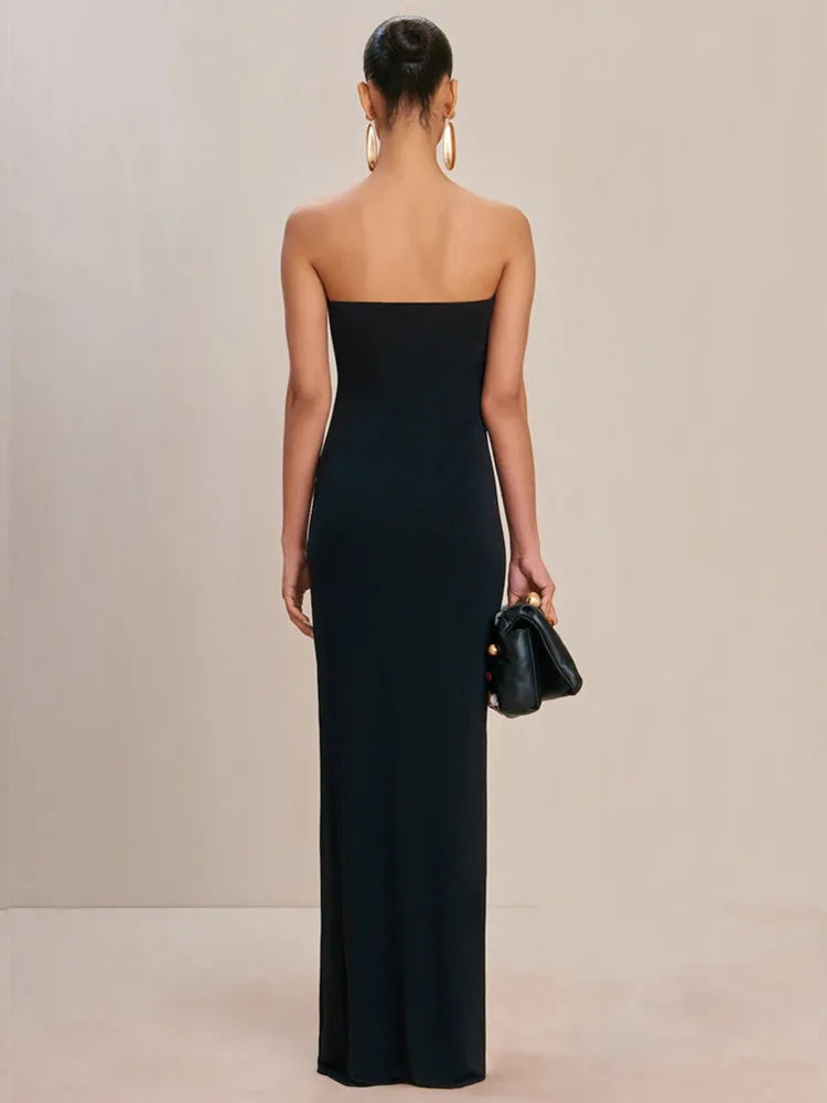 Ladies Women Celebrity Sexy Strapless Backless Black Maxi Long Bodycon Bandage Dress 2025 Elegant Evening Club Party Outfit