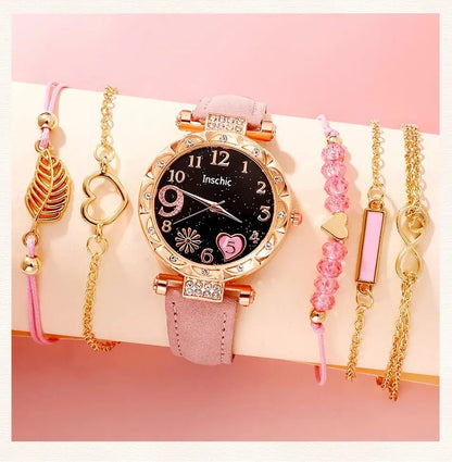 Women's Fashion Quartz Watch Luxury Pink Leather Band Analog WristWatch Ladies Watch Women Dress Bracelet Set Reloj Mujer Clock