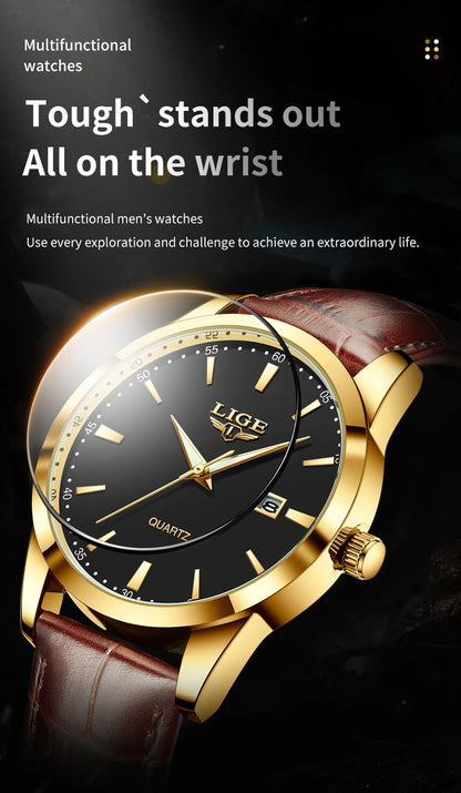 LIGE Mens Watches Top Brand Luxury Military Quartz Watch for Men Fashion Leather Waterproof Sports Chronograph Montre Homme+BOX