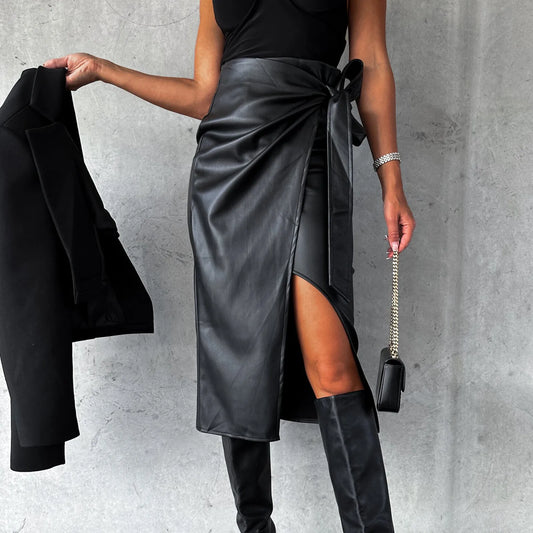 2024 New Women'S Pu Leather Skirt Fashion Office Ladies Irregualer High Waist Slim Midi Length Women'S Skirts Female