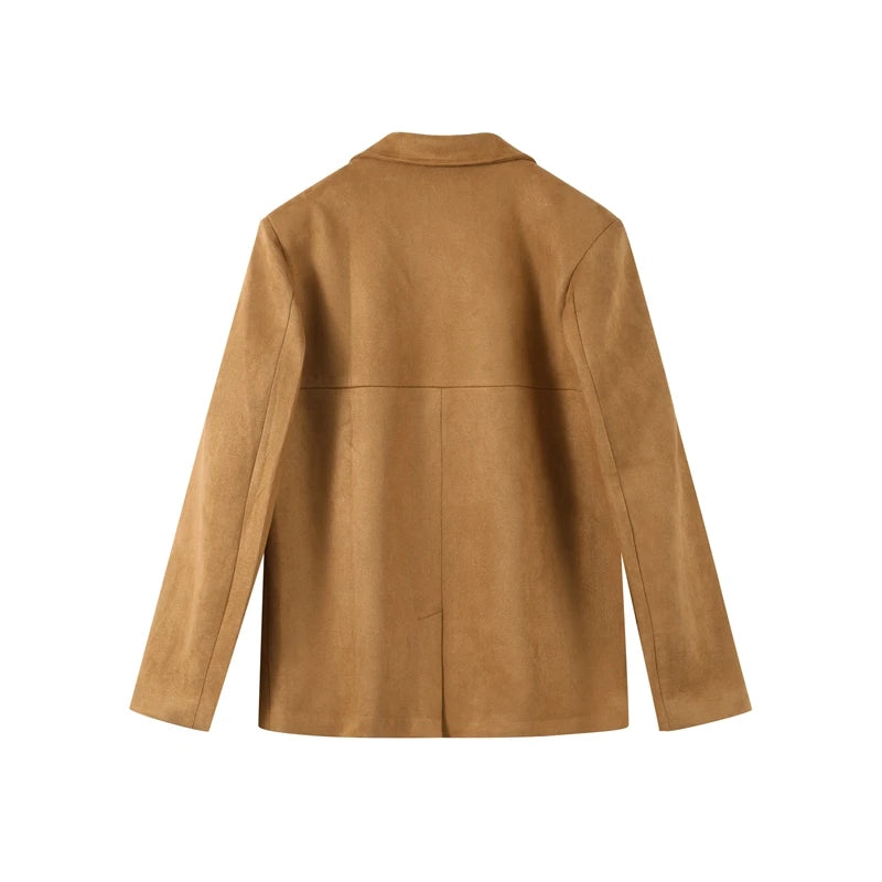 Vintage Suede Single Breasted Female Jackets Chic Long Sleeve Lapel Coats for Women 2025 Spring New Lady Outerwear High Street