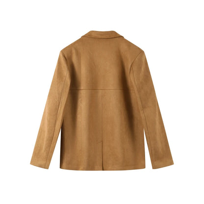 Vintage Suede Single Breasted Female Jackets Chic Long Sleeve Lapel Coats for Women 2025 Spring New Lady Outerwear High Street