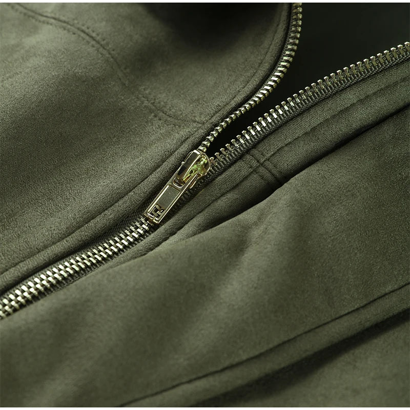 Autumn Women's Green Suede Short Jacket Loose Lapel Zipper Long Sleeve Bomber Coat Female 2025 New Lady High Street Outwears