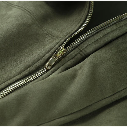 Autumn Women's Green Suede Short Jacket Loose Lapel Zipper Long Sleeve Bomber Coat Female 2025 New Lady High Street Outwears