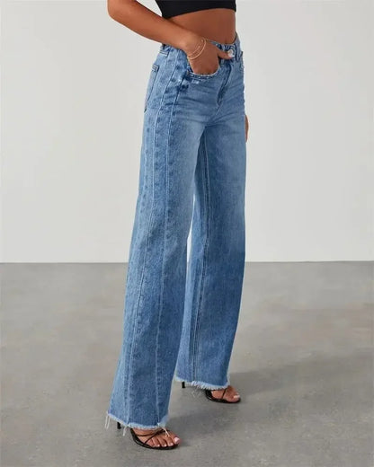 Fashion Straight Tassel Jeans Women Mid Waist Button Pocket Denim Pants Female Commuter Casual Loose Wide Leg Trousers 2023 New
