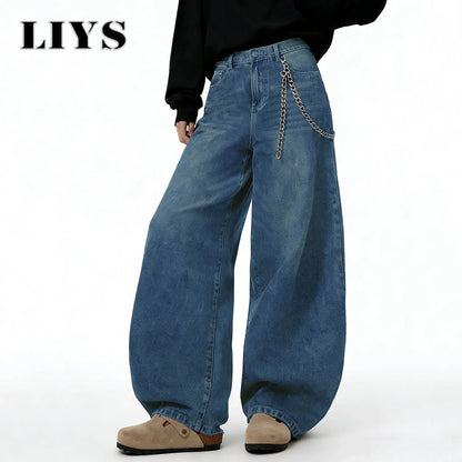 American Retro Baggy Wide Leg Jeans Men's Korea Streetwear Distressed y2k Clothing Casual Daily Four Seasons Denim Pants Unisex