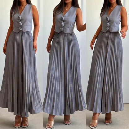 Elegant Temperament Slim Party Suit Office Simple Solid Color Pleated Outfits Ladies Sexy V Neck Rose Top and Long Skirt 2pc Set