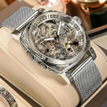 New men's watch with hollowed out carving design, high-end fashion disc gold mesh belt, men's fully automatic mechanical watch