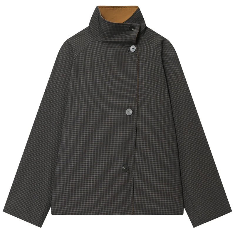 HXAO Women's Jacket Autumn Crop Reversible Trench Coat New In Coat & Jacket Asymmetric Button High Neck Long Sleeve Windbreaker