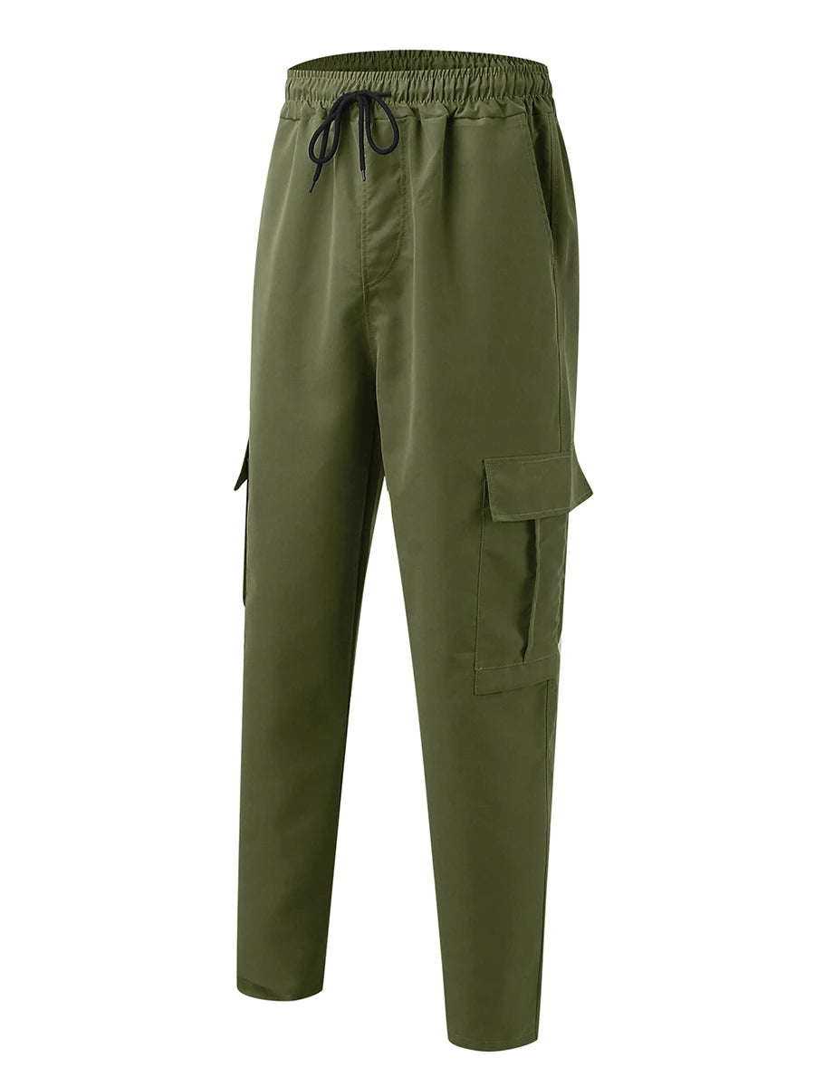 Men s Loose Cargo Long Pants Solid Color Drawstring Waist Straight Leg Trousers Casual Work Pants with Pockets