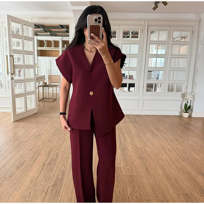 Casual Women's Trouser Suit Single Button Blazer High Waist Wide Leg Pants Lady Suits 2025 Spring Summer 2 Pieces Set Women