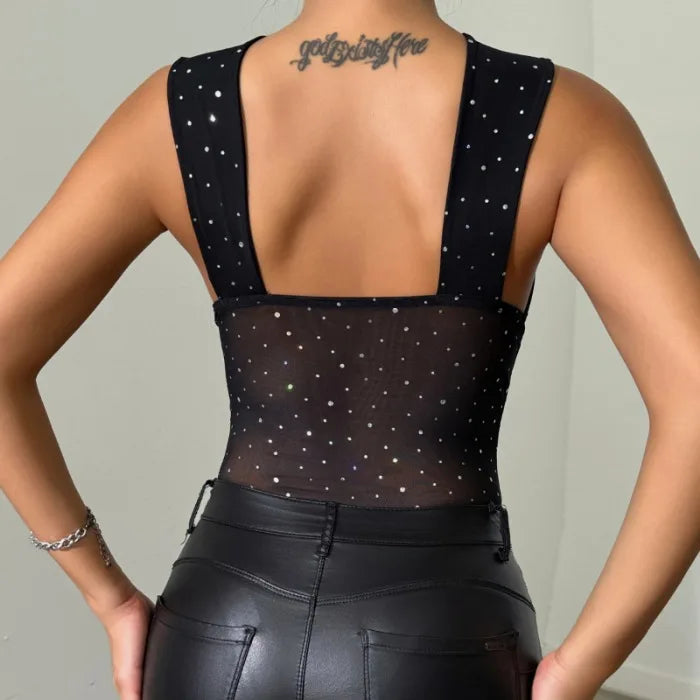 Women's Jumpsuit 2025 Summer Sexy Hot Girl Nightclub Party Sequins Perspective Thin Cross Skinny Backless Fashion Bodysuits Y2K