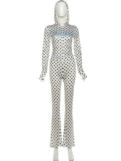 Weird Puss Polka Dot Letter Print 2 Piece Set Woman Tracksuit Trend Sexy Hooded Jacket+Pants Skinny Stretch Matching Streetwear
