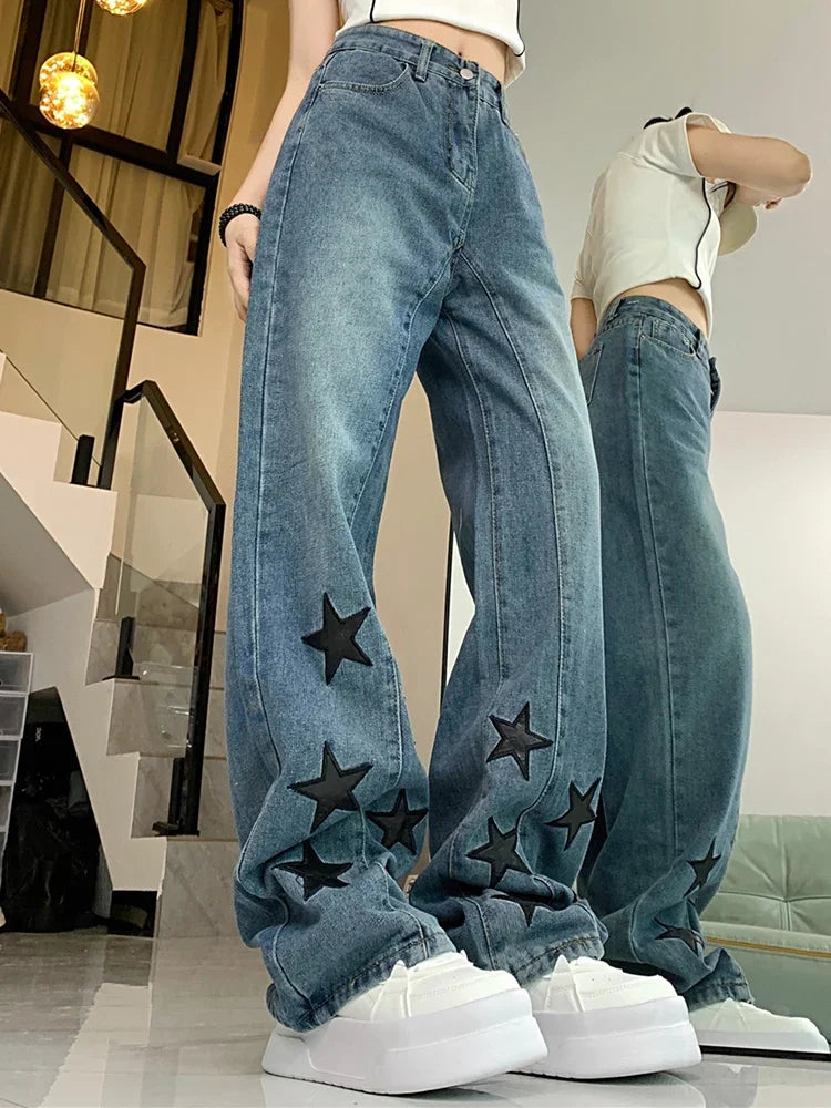Woman Men American Retro Jeans High Waist Straight Wide Leg Denim Pants High Street Unisex Punk Washed Oversized Loose Trousers