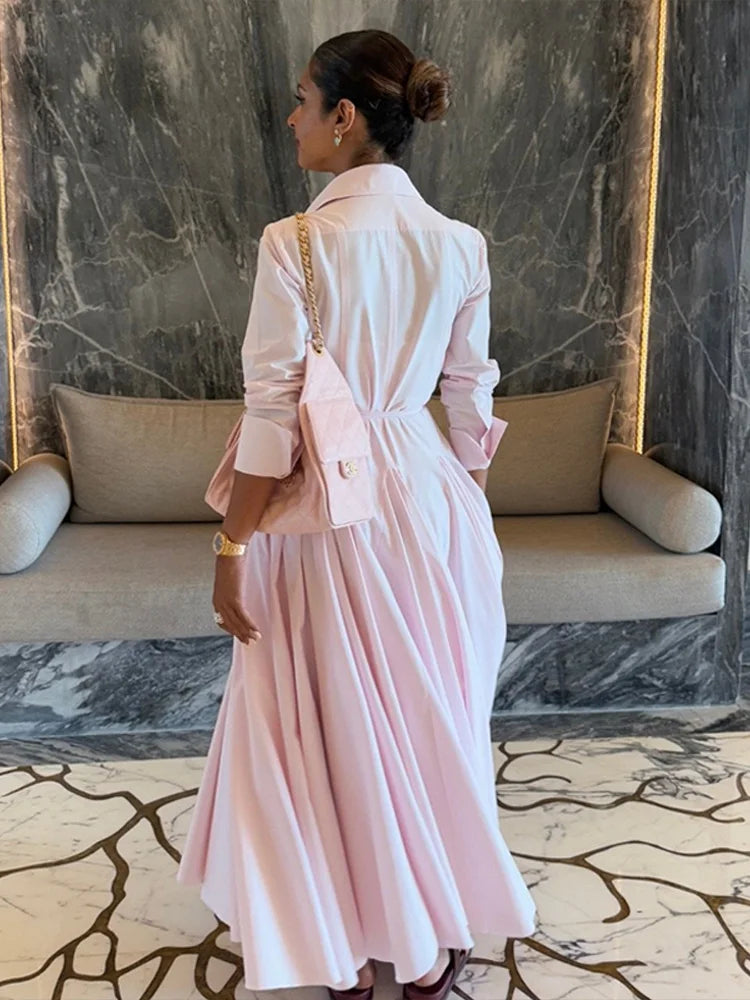 Women's Casual Pleated Skirts Set Two-piece Fashion Lapel Full Sleeve Button Top & Maxi Dress Lady 2025 Spring Street Outfits