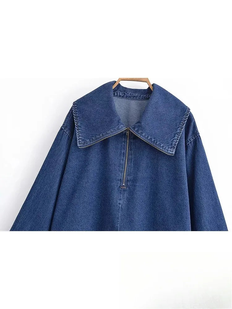 KONDALA Vintage Casual Chic Women Cowboy Suit Zipper Loose Jackets Long Pockets Pants Fashion 2025 Spring Summer Denim Suits
