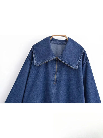 KONDALA Vintage Casual Chic Women Cowboy Suit Zipper Loose Jackets Long Pockets Pants Fashion 2025 Spring Summer Denim Suits