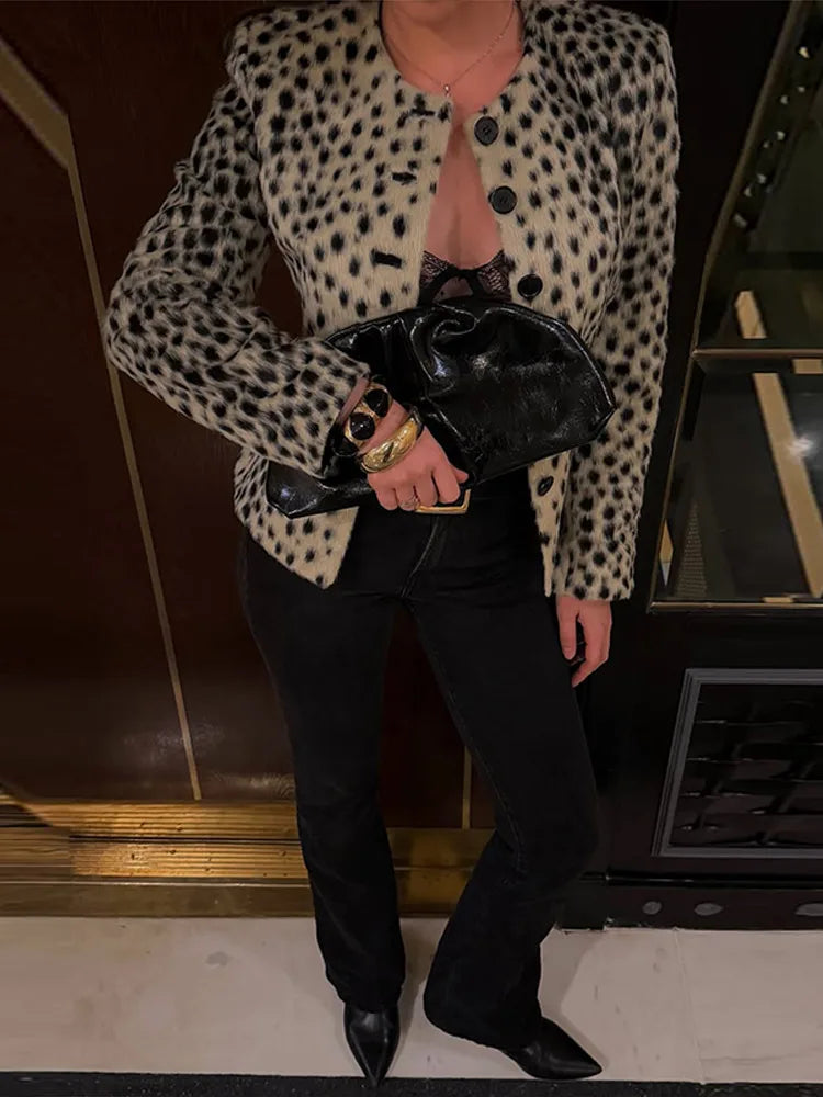 Leopard Print Cropped Jacket Round Neck Long Sleeve Button Front 2026 Spring Edgy Women Outerwear Fashion Chic Street Lady Coats