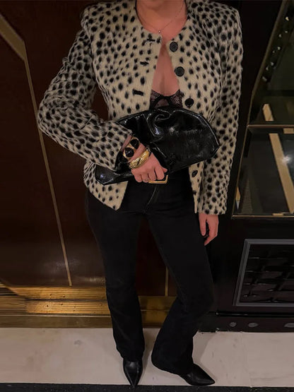 Leopard Print Cropped Jacket Round Neck Long Sleeve Button Front 2026 Spring Edgy Women Outerwear Fashion Chic Street Lady Coats