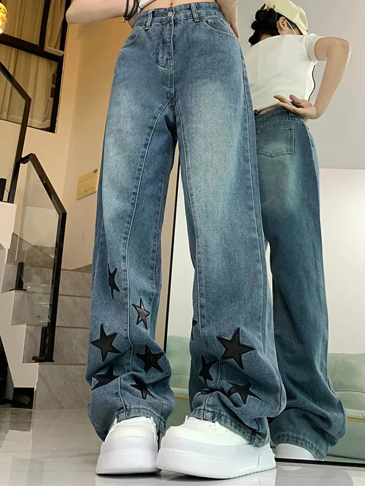 Woman Men American Retro Jeans High Waist Straight Wide Leg Denim Pants High Street Unisex Punk Washed Oversized Loose Trousers